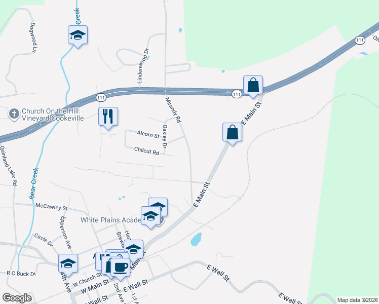 map of restaurants, bars, coffee shops, grocery stores, and more near 199 Mirandy Road in Cookeville