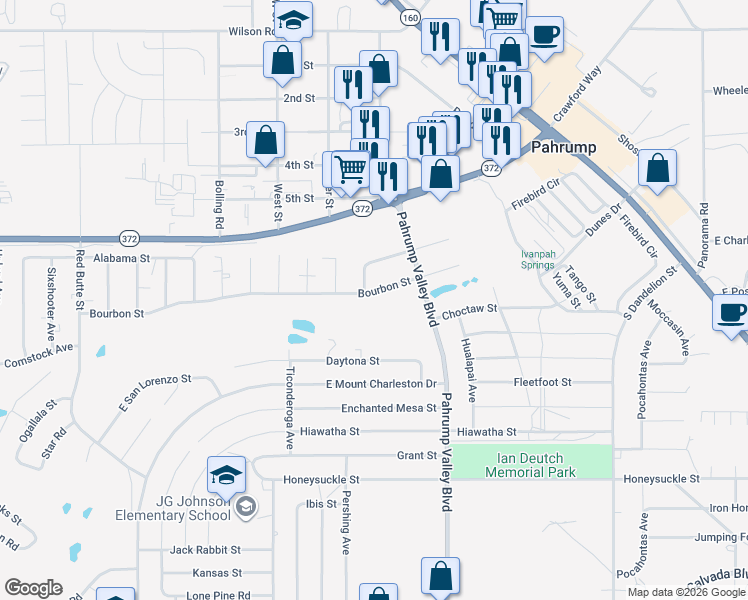 map of restaurants, bars, coffee shops, grocery stores, and more near 1221 Bourbon Street in Pahrump