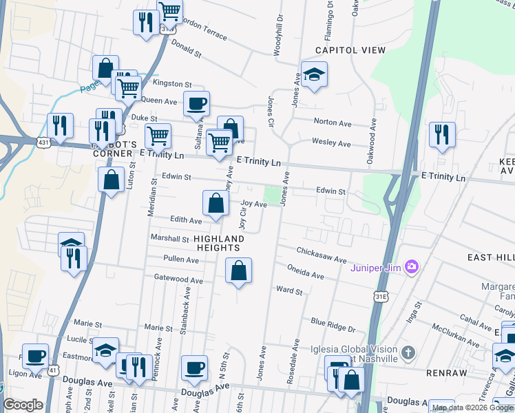 map of restaurants, bars, coffee shops, grocery stores, and more near 1853 Joy Circle in Nashville