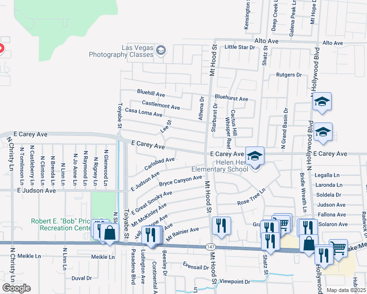 map of restaurants, bars, coffee shops, grocery stores, and more near 6213 East Carey Avenue in Las Vegas
