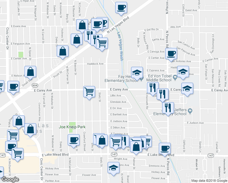 map of restaurants, bars, coffee shops, grocery stores, and more near 3108 East Lillis Avenue in North Las Vegas
