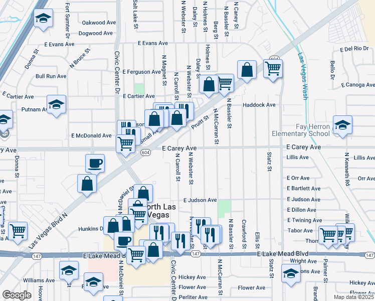 map of restaurants, bars, coffee shops, grocery stores, and more near 2324 North Webster Street in North Las Vegas