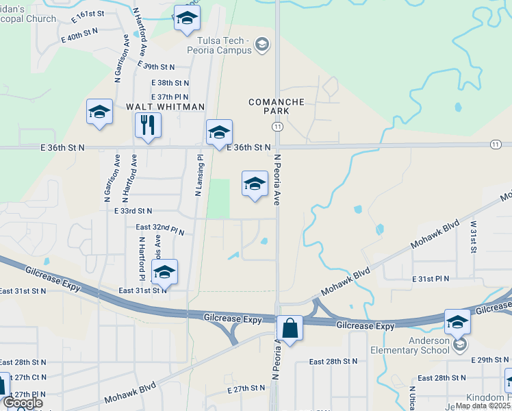 map of restaurants, bars, coffee shops, grocery stores, and more near 3355 North Martin Luther King Junior Boulevard in Tulsa