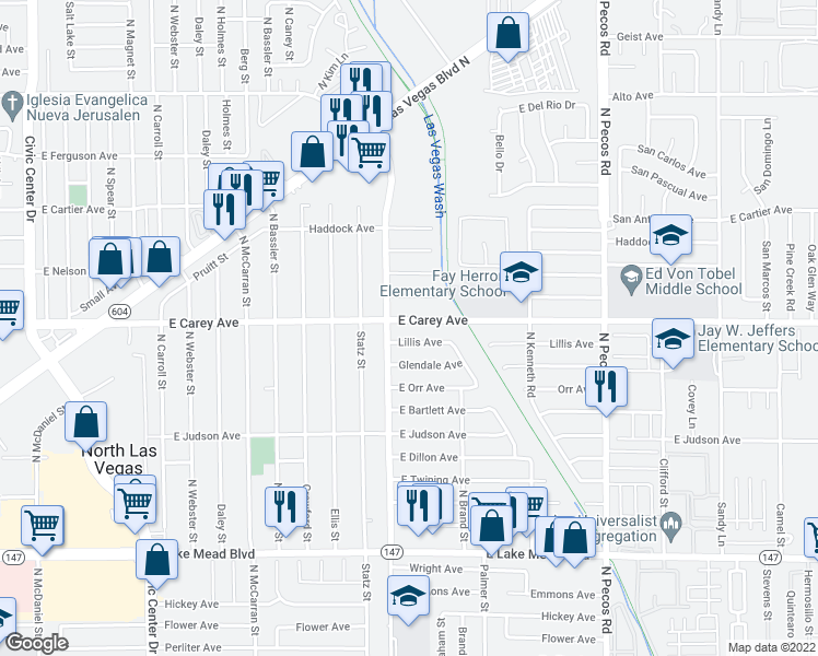 map of restaurants, bars, coffee shops, grocery stores, and more near 3029 East Carey Avenue in North Las Vegas