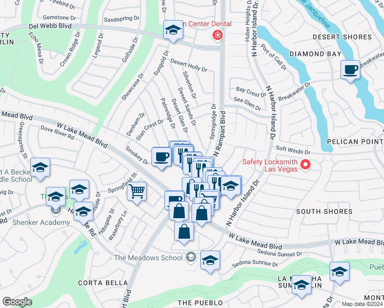 map of restaurants, bars, coffee shops, grocery stores, and more near 2419 Desert Glen Drive in Las Vegas