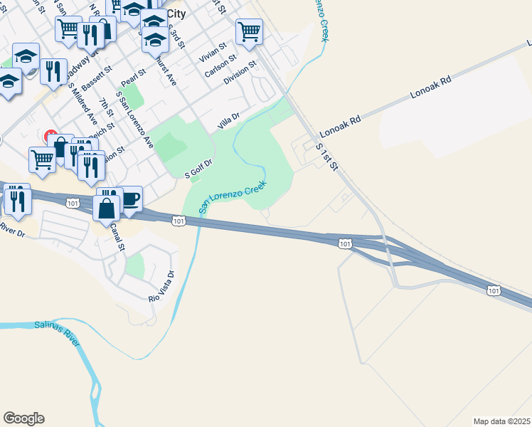 map of restaurants, bars, coffee shops, grocery stores, and more near 800 South 1st Street in King City