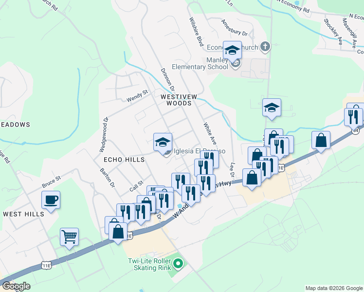 map of restaurants, bars, coffee shops, grocery stores, and more near 421 Central Church Road in Morristown
