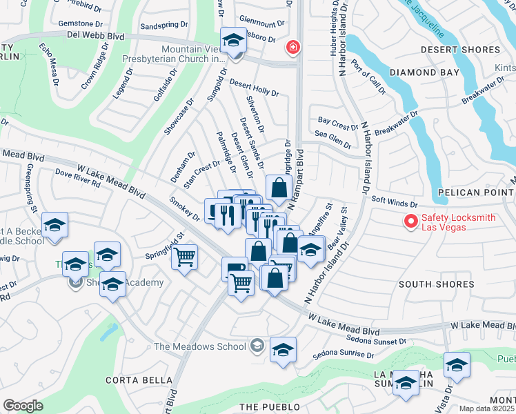 map of restaurants, bars, coffee shops, grocery stores, and more near 2419 Desert Glen Drive in Las Vegas