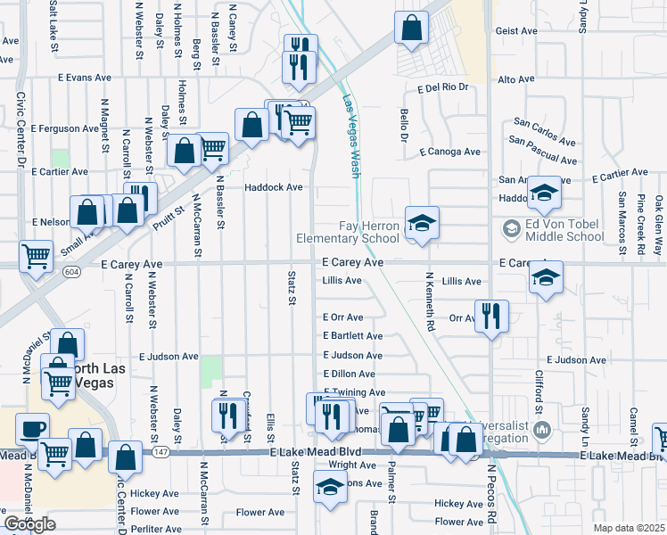 map of restaurants, bars, coffee shops, grocery stores, and more near 3101 East Carey Avenue in North Las Vegas