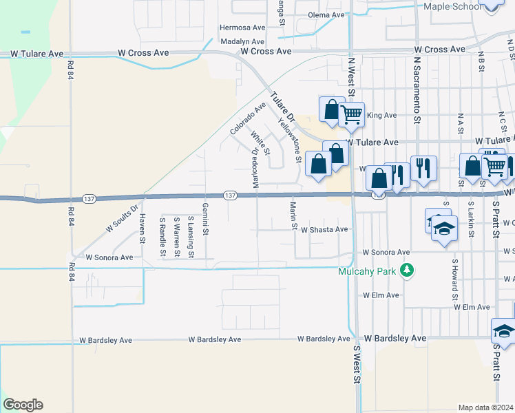map of restaurants, bars, coffee shops, grocery stores, and more near 322 South Maricopa Street in Tulare
