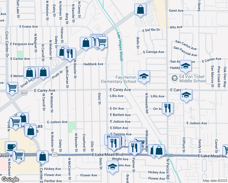 map of restaurants, bars, coffee shops, grocery stores, and more near 3101 East Carey Avenue in North Las Vegas