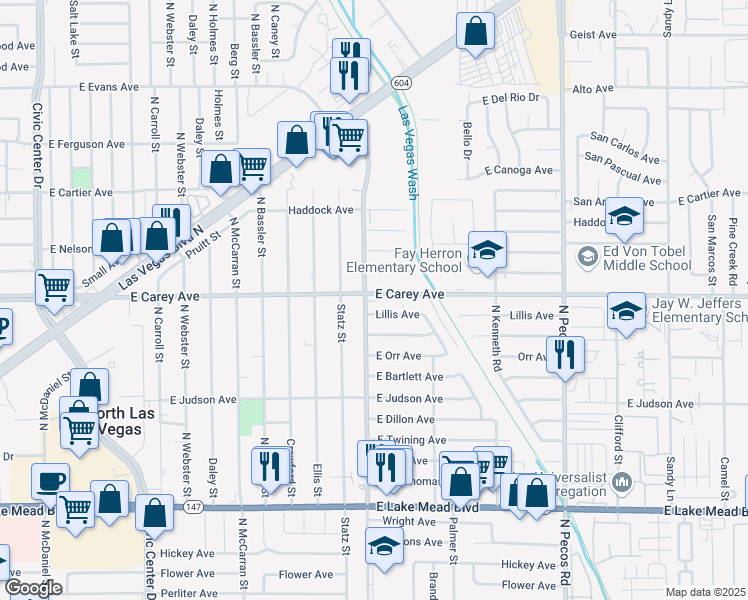 map of restaurants, bars, coffee shops, grocery stores, and more near 3017 East Carey Avenue in North Las Vegas