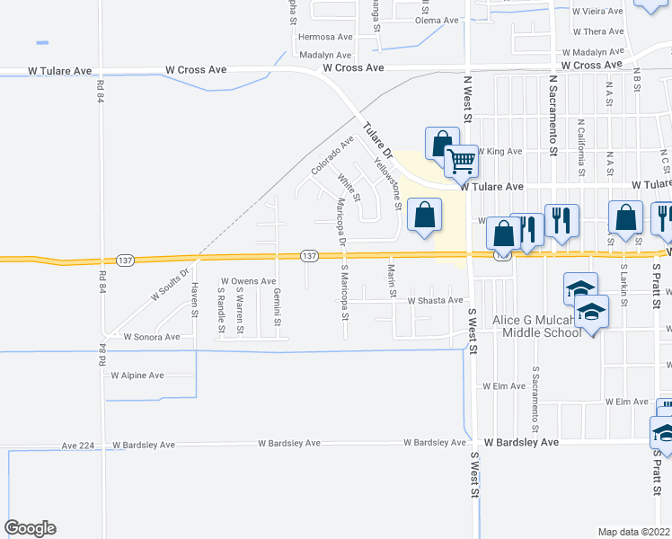 map of restaurants, bars, coffee shops, grocery stores, and more near 323 South Maricopa Street in Tulare