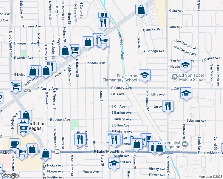 map of restaurants, bars, coffee shops, grocery stores, and more near 3021 East Carey Avenue in North Las Vegas