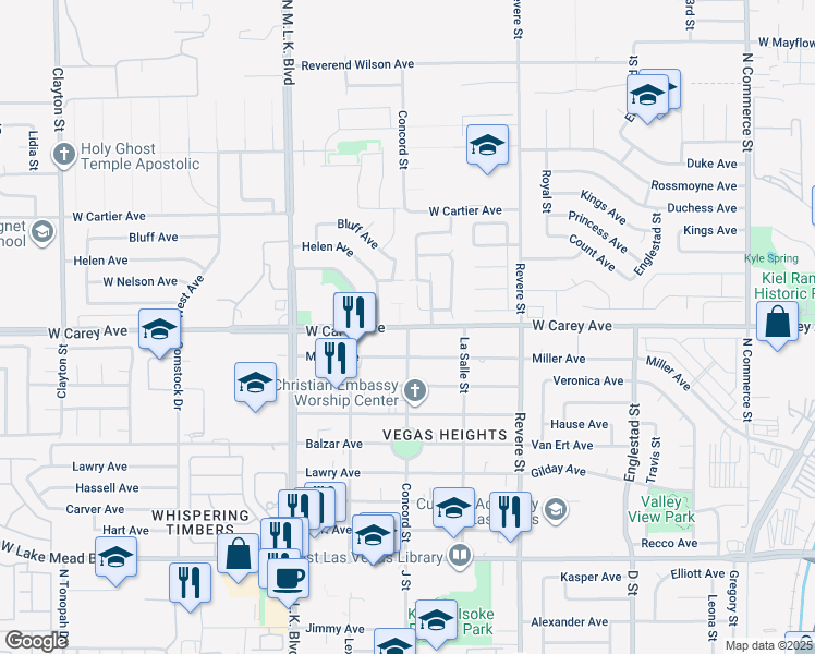 map of restaurants, bars, coffee shops, grocery stores, and more near Concord Street in North Las Vegas