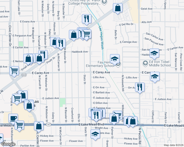 map of restaurants, bars, coffee shops, grocery stores, and more near 3017 East Carey Avenue in North Las Vegas