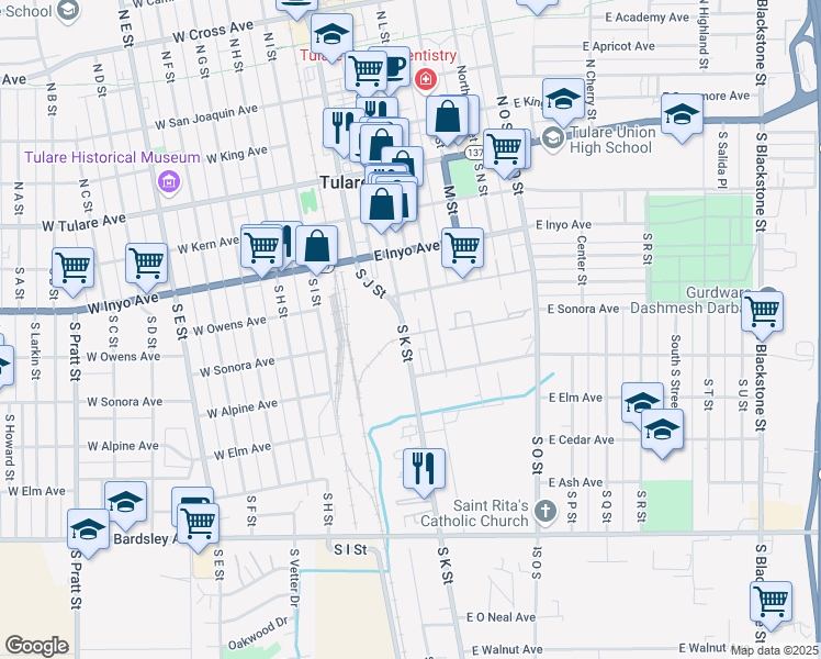map of restaurants, bars, coffee shops, grocery stores, and more near 500-598 South K Street in Tulare