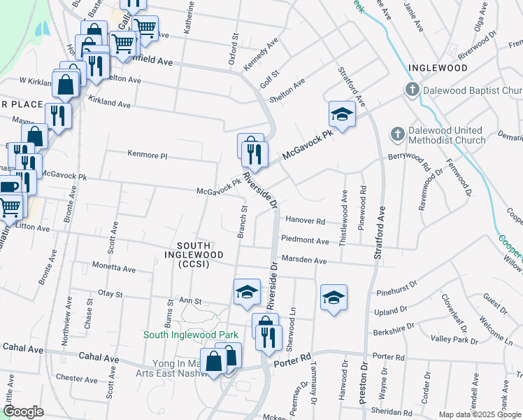 map of restaurants, bars, coffee shops, grocery stores, and more near 2118 Martha Avenue in Nashville