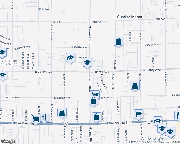 map of restaurants, bars, coffee shops, grocery stores, and more near N Lamb Blvd & E Carey Ave in Las Vegas