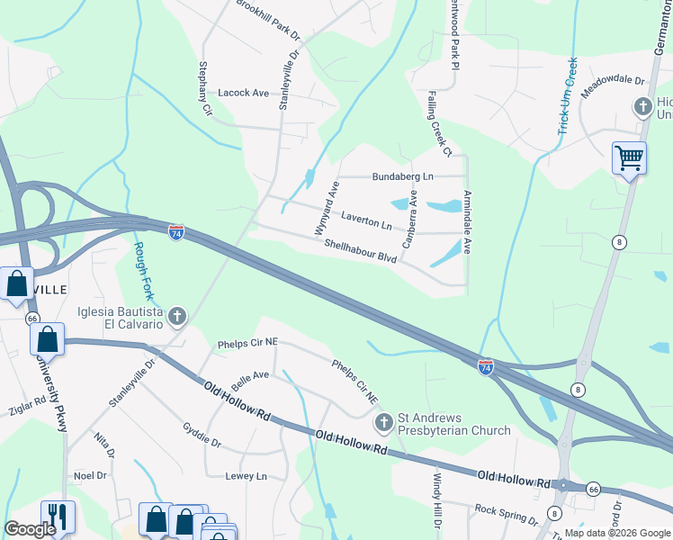 map of restaurants, bars, coffee shops, grocery stores, and more near 720 Shellhabour Boulevard in Rural Hall
