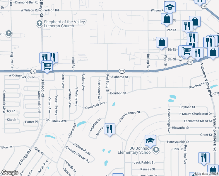 map of restaurants, bars, coffee shops, grocery stores, and more near 1101 Red Butte Street in Pahrump