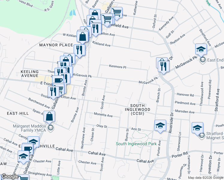 map of restaurants, bars, coffee shops, grocery stores, and more near 1410 Huffine Street in Nashville
