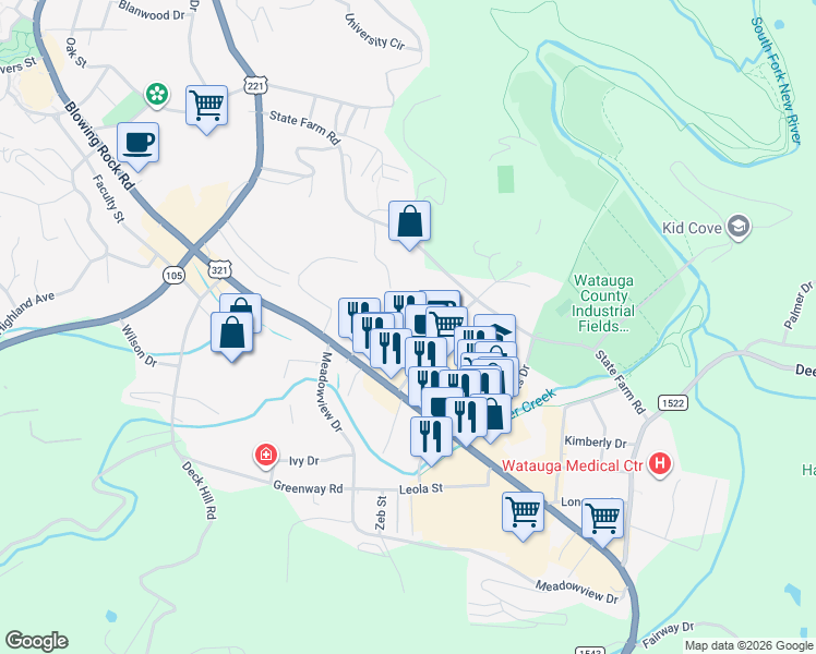 map of restaurants, bars, coffee shops, grocery stores, and more near 241 Shadowline Drive in Boone