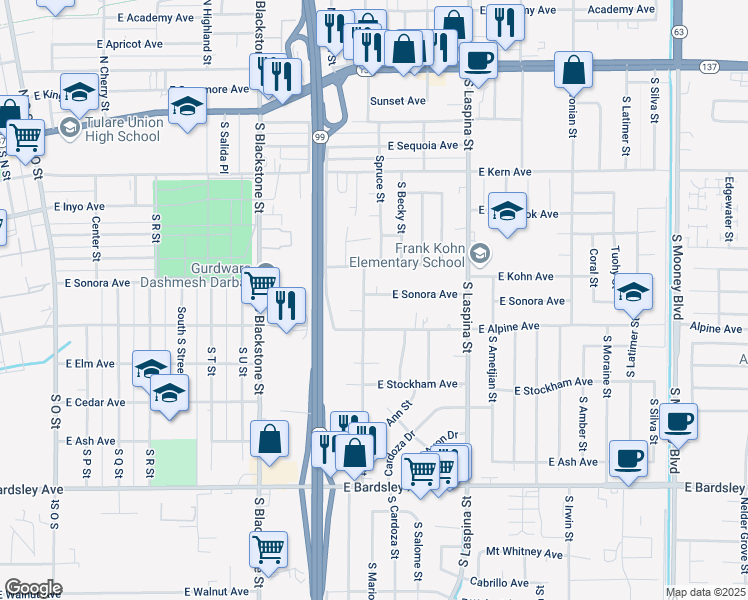 map of restaurants, bars, coffee shops, grocery stores, and more near 1389 East Sonora Avenue in Tulare