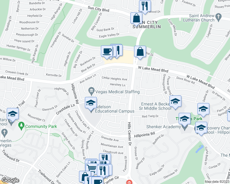 map of restaurants, bars, coffee shops, grocery stores, and more near 2308 Pine Bluff Court in Las Vegas