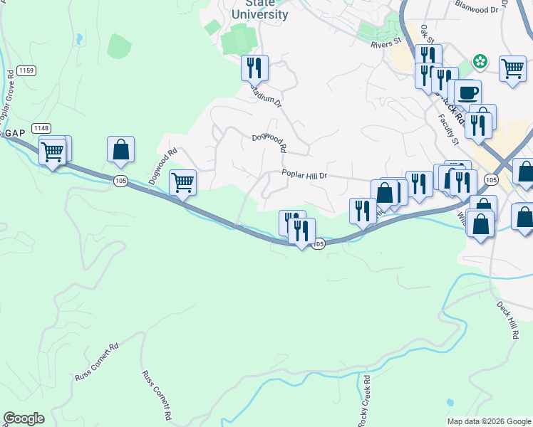 map of restaurants, bars, coffee shops, grocery stores, and more near 1852 State Highway 105 in Boone
