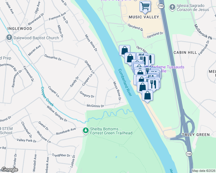 map of restaurants, bars, coffee shops, grocery stores, and more near 2625 Morganmeade Drive in Nashville
