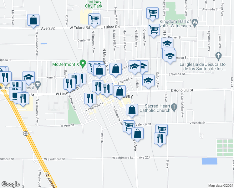 map of restaurants, bars, coffee shops, grocery stores, and more near 136 East Honolulu Street in Lindsay