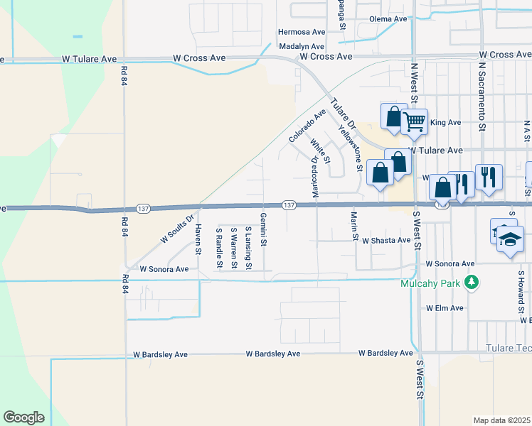 map of restaurants, bars, coffee shops, grocery stores, and more near 2111 West Owens Avenue in Tulare