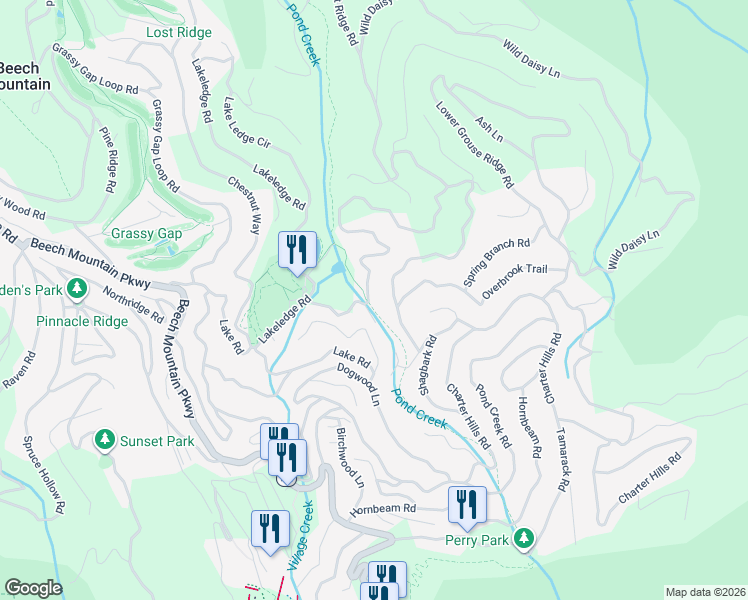 map of restaurants, bars, coffee shops, grocery stores, and more near 302 Overbrook Trail in Beech Mountain