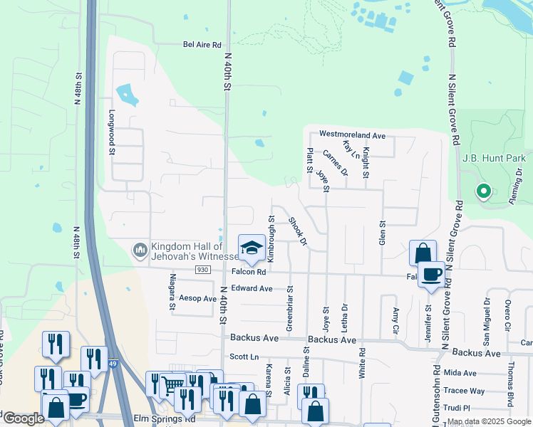 map of restaurants, bars, coffee shops, grocery stores, and more near 1704 Kimbrough Street in Springdale