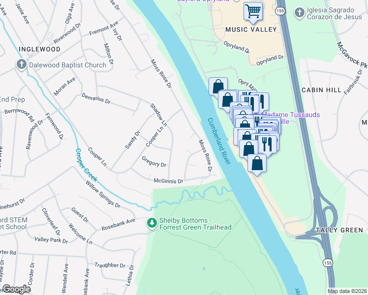 map of restaurants, bars, coffee shops, grocery stores, and more near 2625 Morganmeade Drive in Nashville