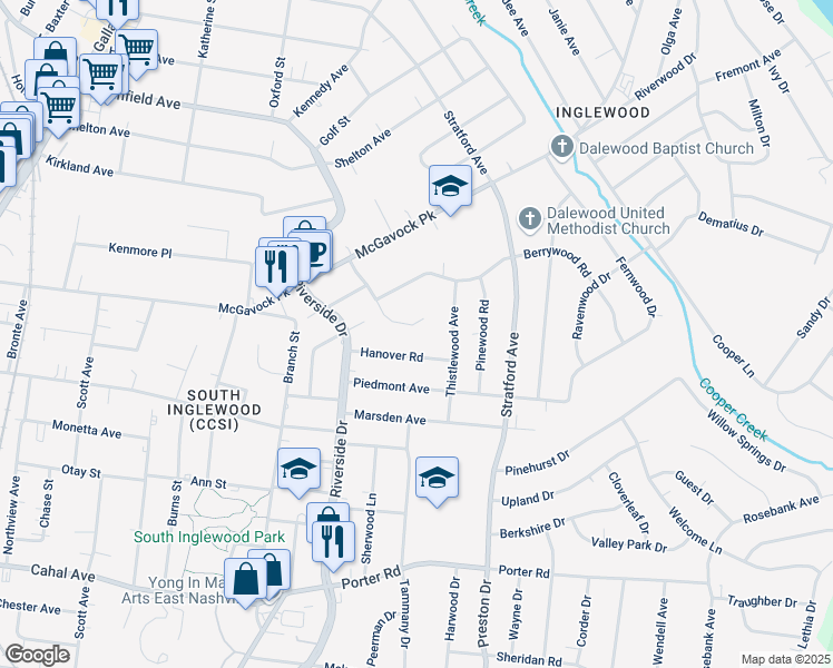 map of restaurants, bars, coffee shops, grocery stores, and more near 2104 Geneiva Drive in Nashville
