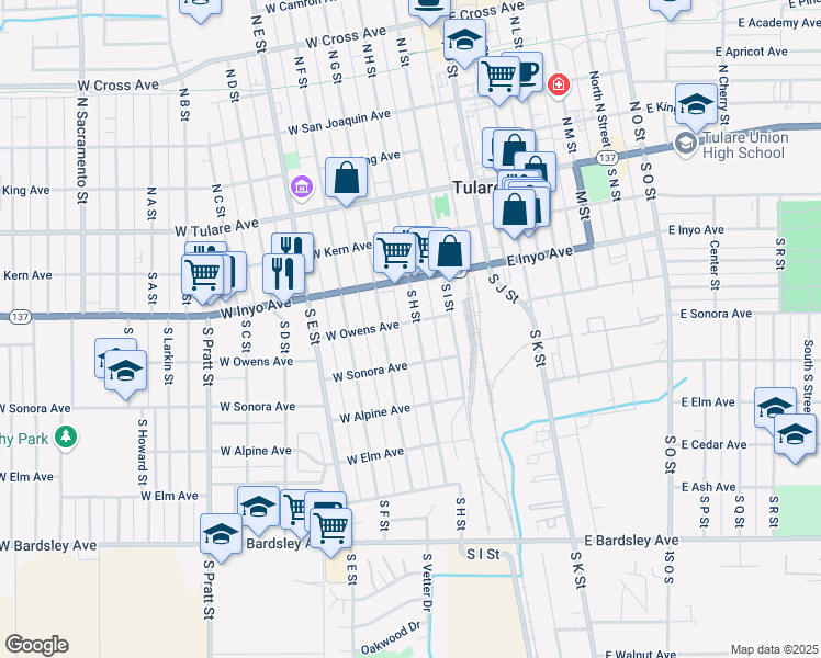 map of restaurants, bars, coffee shops, grocery stores, and more near 450 South G Street in Tulare