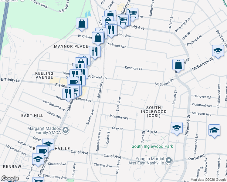 map of restaurants, bars, coffee shops, grocery stores, and more near 1212 Keller Avenue in Nashville