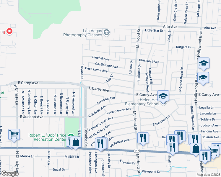 map of restaurants, bars, coffee shops, grocery stores, and more near 6138 East Carey Avenue in Las Vegas