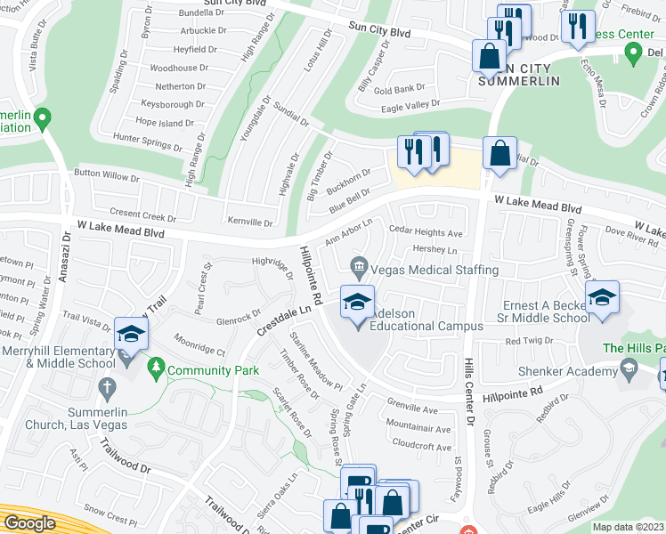 map of restaurants, bars, coffee shops, grocery stores, and more near 2321 Huntsville Drive in Las Vegas