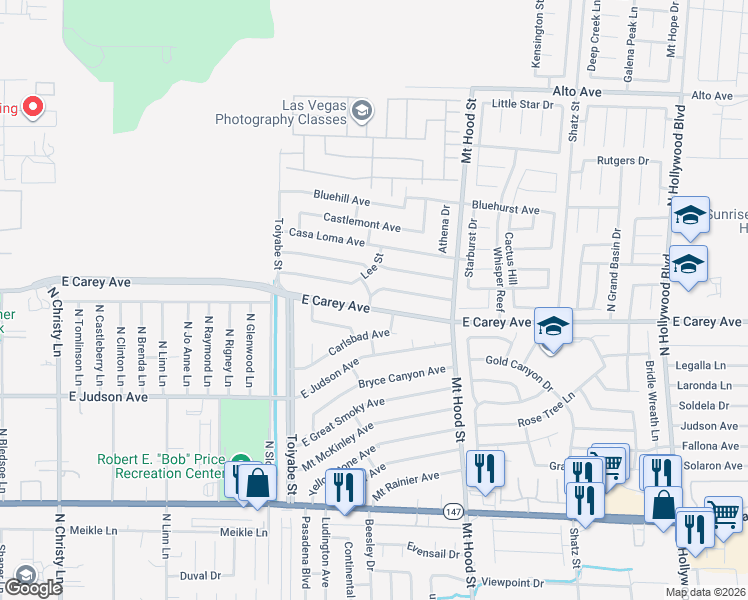 map of restaurants, bars, coffee shops, grocery stores, and more near 6138 East Carey Avenue in Las Vegas