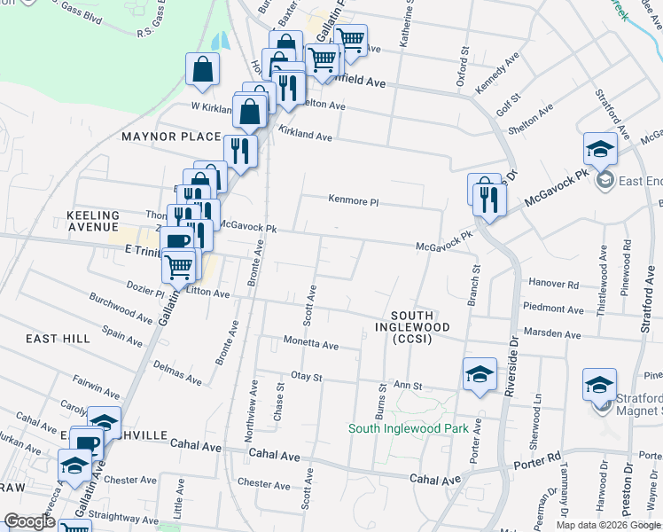 map of restaurants, bars, coffee shops, grocery stores, and more near 1405 Huffine Street in Nashville