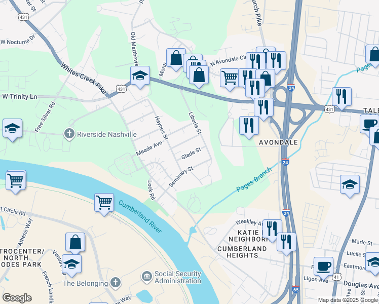 map of restaurants, bars, coffee shops, grocery stores, and more near 1726 Edgewood Avenue in Nashville