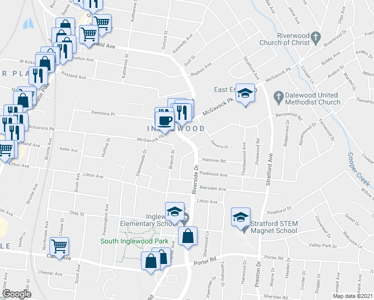 map of restaurants, bars, coffee shops, grocery stores, and more near 2212 Riverside Drive in Nashville