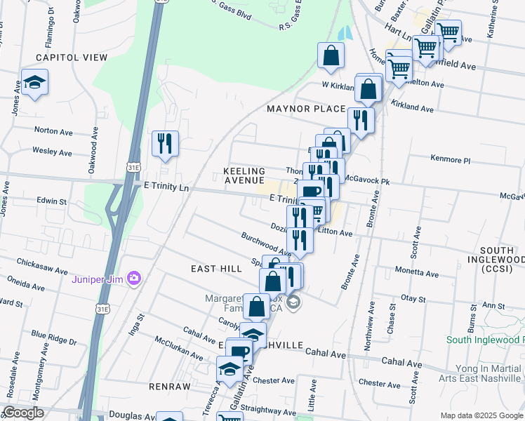 map of restaurants, bars, coffee shops, grocery stores, and more near 800 Vibe Place in Nashville