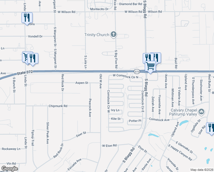 map of restaurants, bars, coffee shops, grocery stores, and more near South Comstock Circle in Pahrump