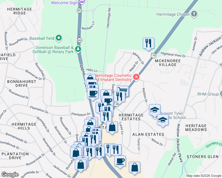 map of restaurants, bars, coffee shops, grocery stores, and more near 4227 Hermitage Road in Nashville