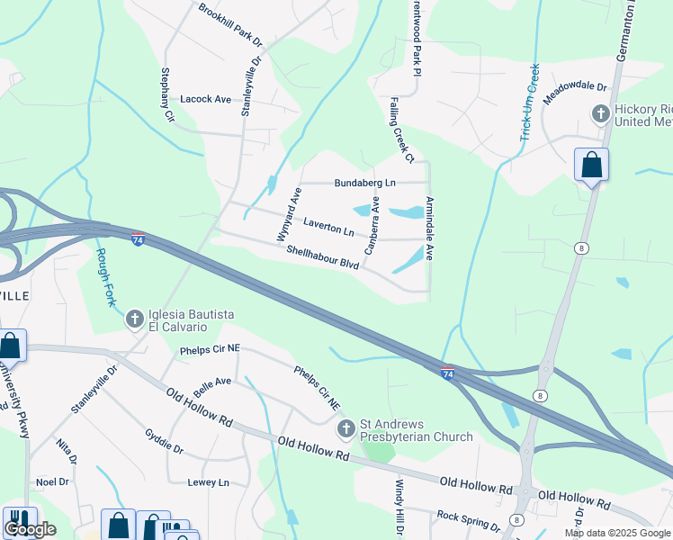 map of restaurants, bars, coffee shops, grocery stores, and more near 781 Shellhabour Boulevard in Rural Hall
