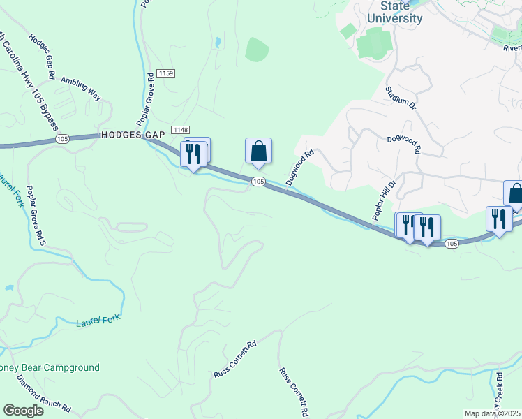 map of restaurants, bars, coffee shops, grocery stores, and more near 323 Mountain Aire in Boone